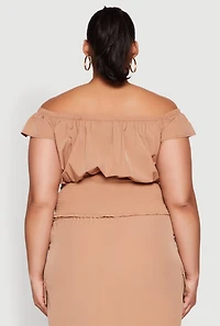 Womens Plus Size Nylon Toggle Drawstring Off the Shoulder Top, Brown, Size 1X