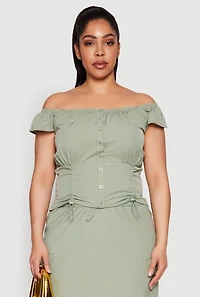 Womens Plus Size Nylon Toggle Drawstring Off the Shoulder Top, Green, Size 1X