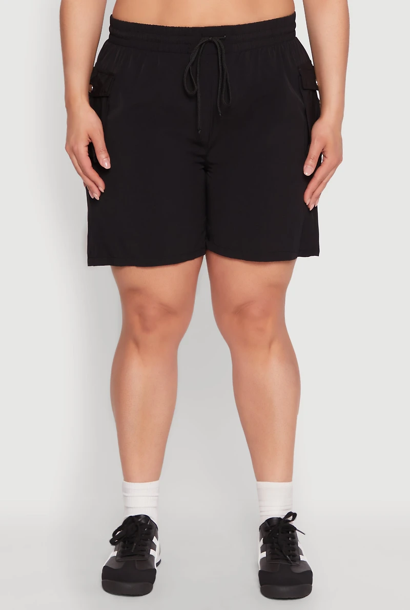 Womens Plus Size Drawstring High Waisted Cargo Shorts, Black, Size 1X