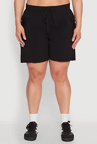 Womens Plus Size Drawstring High Waisted Cargo Shorts, Black, Size 1X