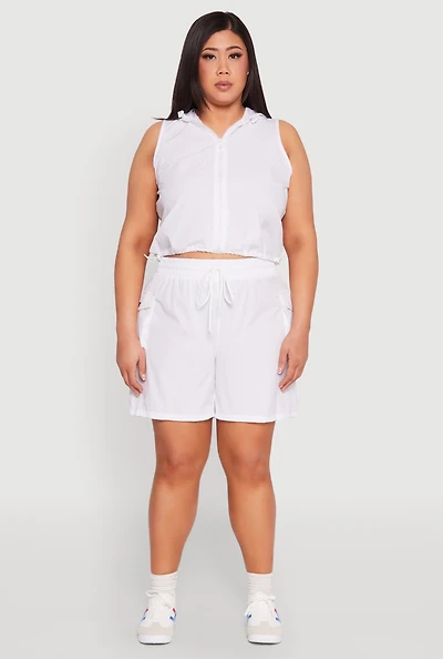 Womens Plus Size Drawstring High Waisted Cargo Shorts, White, Size 2X