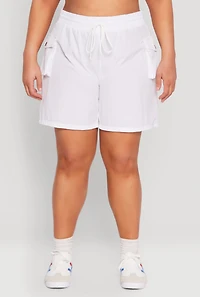 Womens Plus Drawstring High Waisted Cargo Shorts, White,