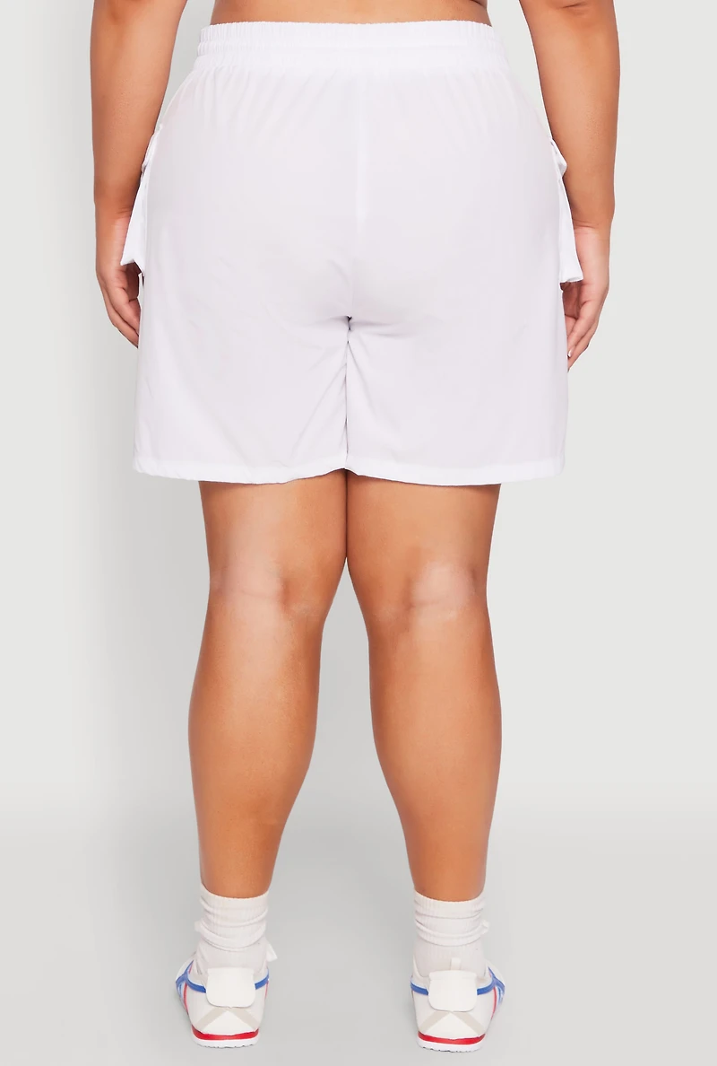 Womens Plus Size Drawstring High Waisted Cargo Shorts, White, Size 2X