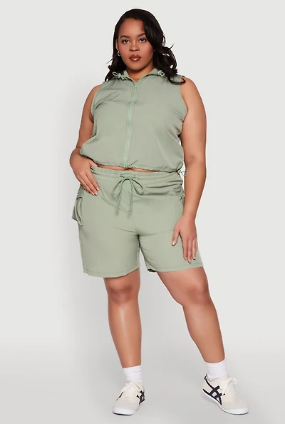 Womens Plus Drawstring High Waisted Cargo Shorts,