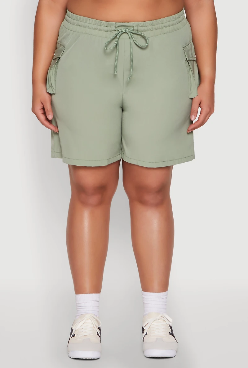Womens Plus Drawstring High Waisted Cargo Shorts,