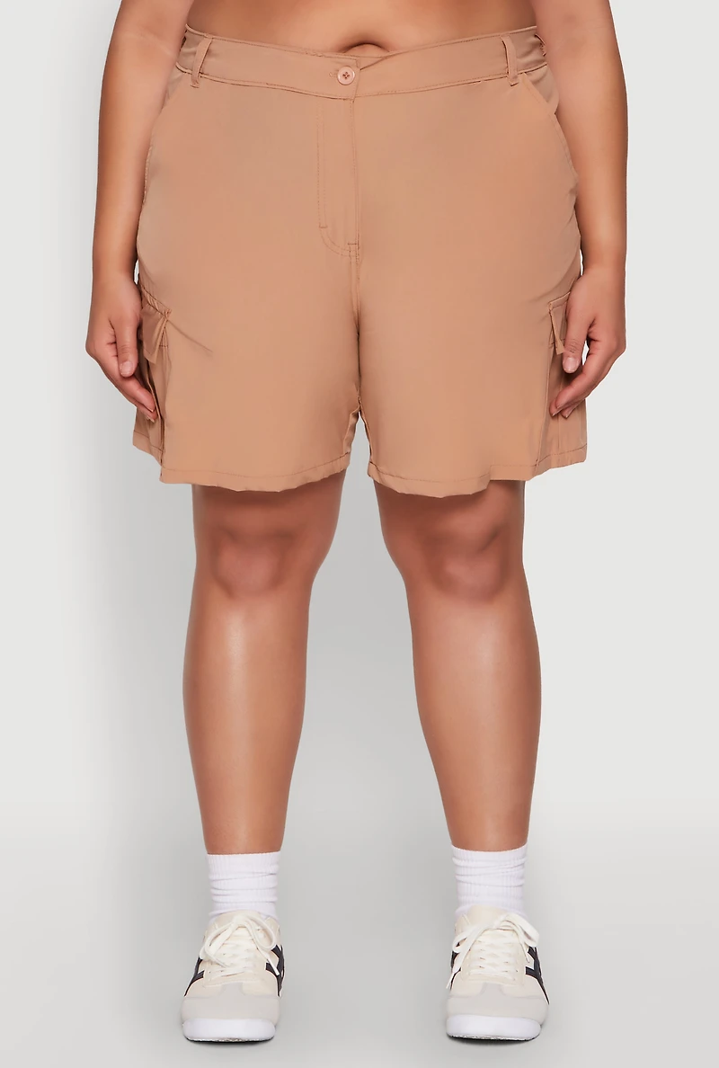 Womens Plus Size High Waisted Cargo Shorts, Brown, Size 1X