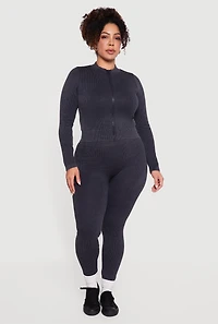 Womens Plus Size Seamless Acid Wash Zip Front Track Jacket, Grey, Size 2X-3X