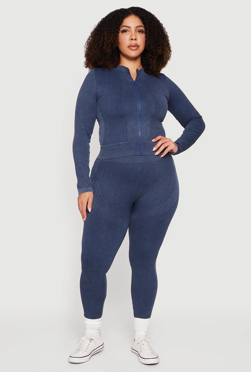 Plus Acid Wash Ribbed Knit Seamless Leggings