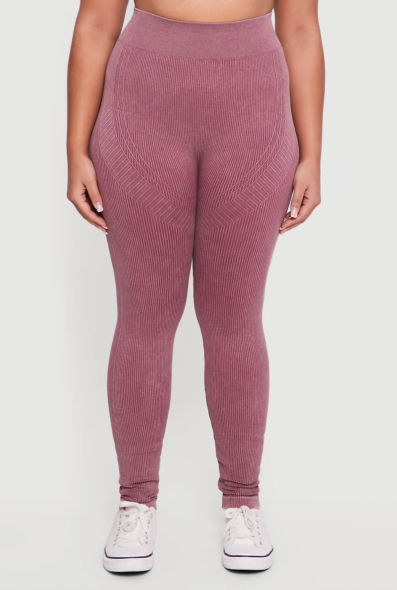 Plus Acid Wash Ribbed Knit Seamless Leggings