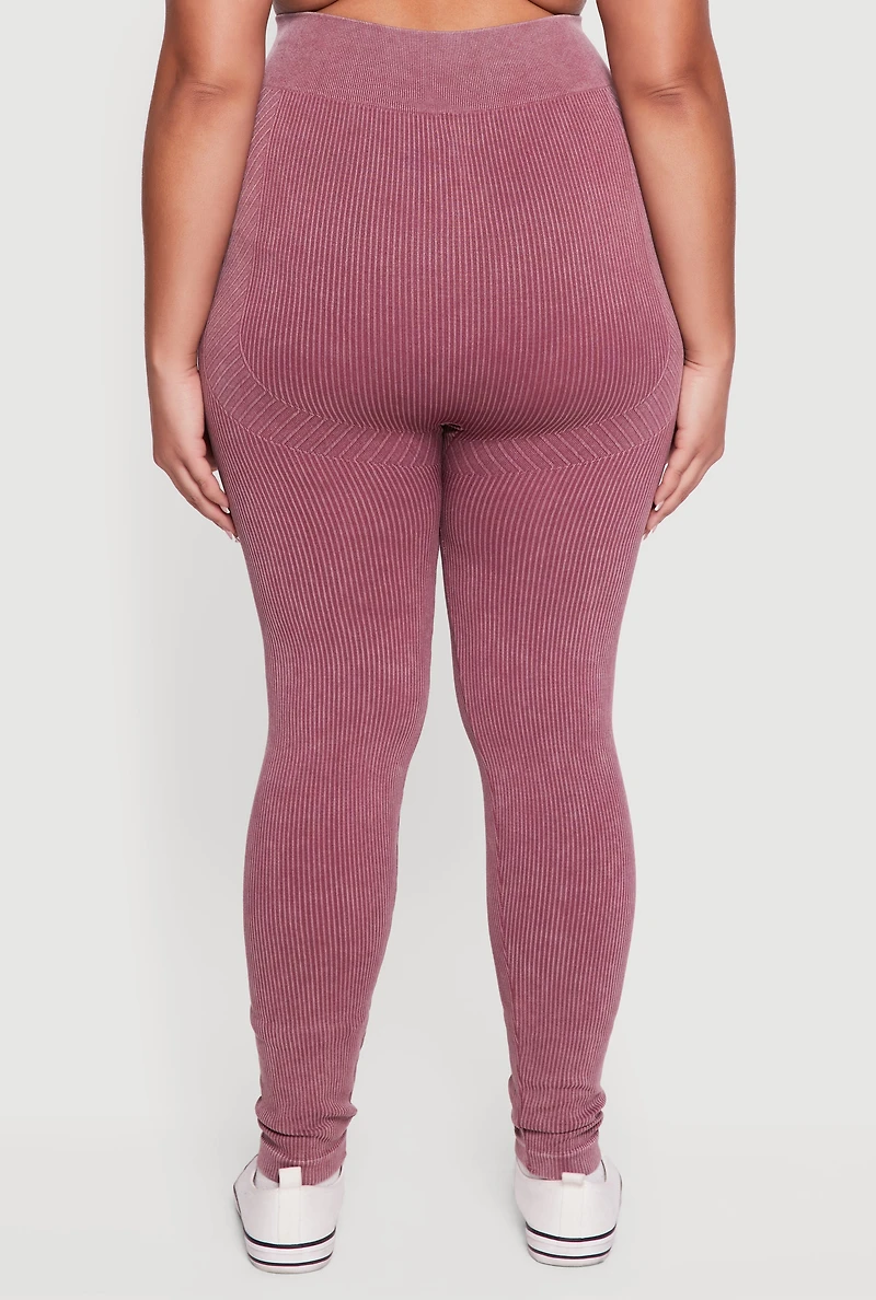 Plus Acid Wash Ribbed Knit Seamless Leggings
