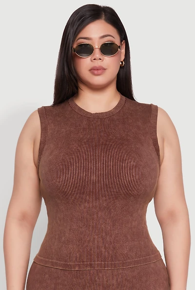 Womens Plus Size Mineral Wash Ribbed Knit Tank Top, Brown, Size 2X-3X