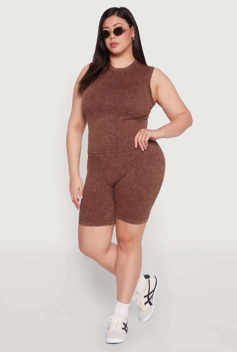 Womens Plus Size Mineral Wash Ribbed Knit Tank Top, Brown, Size 2X-3X