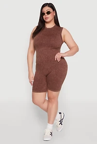 Womens Plus Size Mineral Wash Ribbed Knit Tank Top, Brown, Size 2X-3X