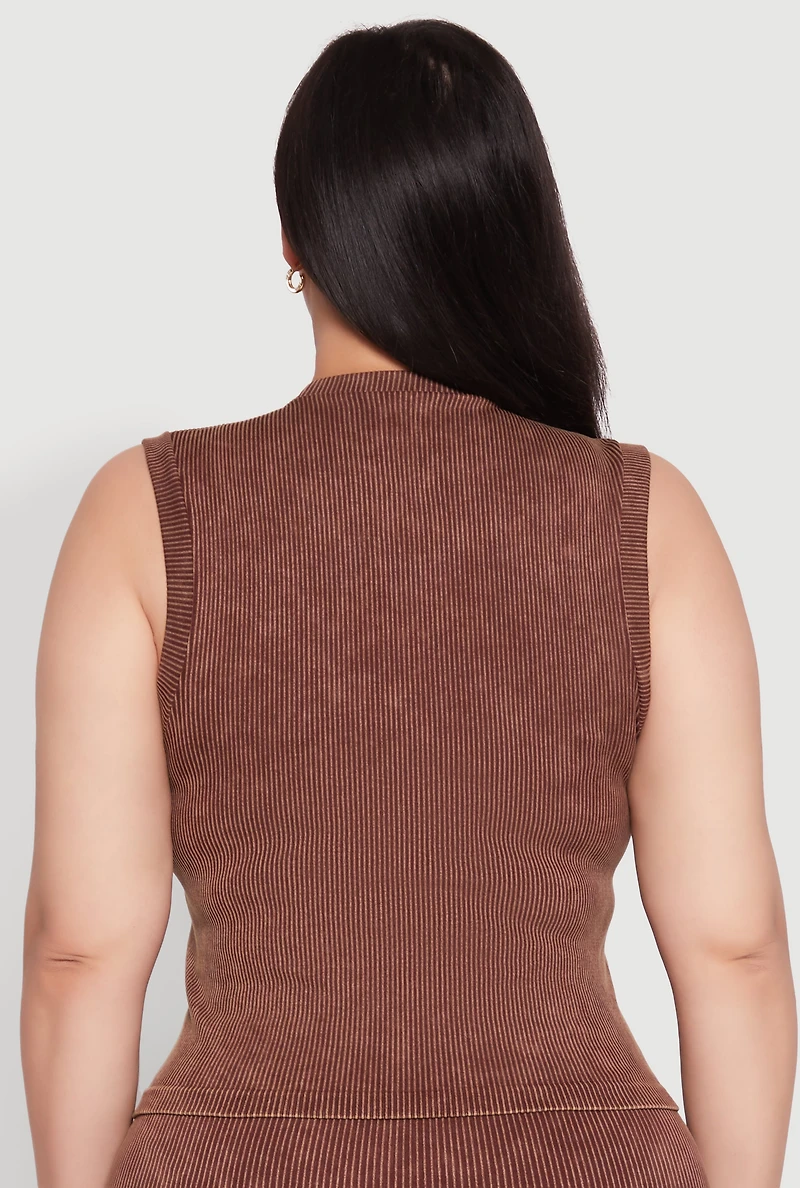 Womens Plus Size Mineral Wash Ribbed Knit Tank Top, Brown, Size 2X-3X