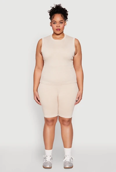 Womens Plus Size Mineral Wash Ribbed Seamless Bike Shorts, Khaki, Size 1X-2X