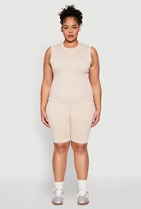 Womens Plus Size Mineral Wash Ribbed Seamless Bike Shorts, Khaki, Size 1X-2X