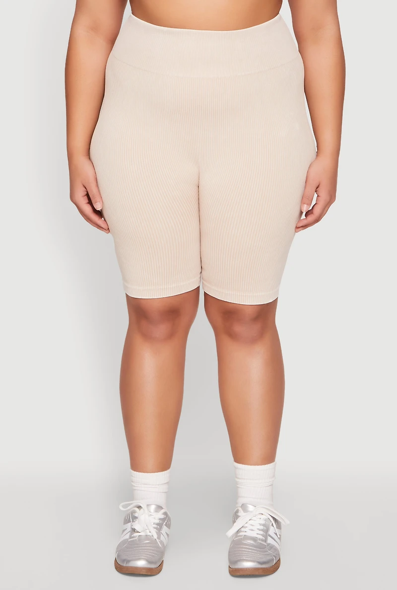 Womens Plus Size Mineral Wash Ribbed Seamless Bike Shorts, Khaki, Size 1X-2X
