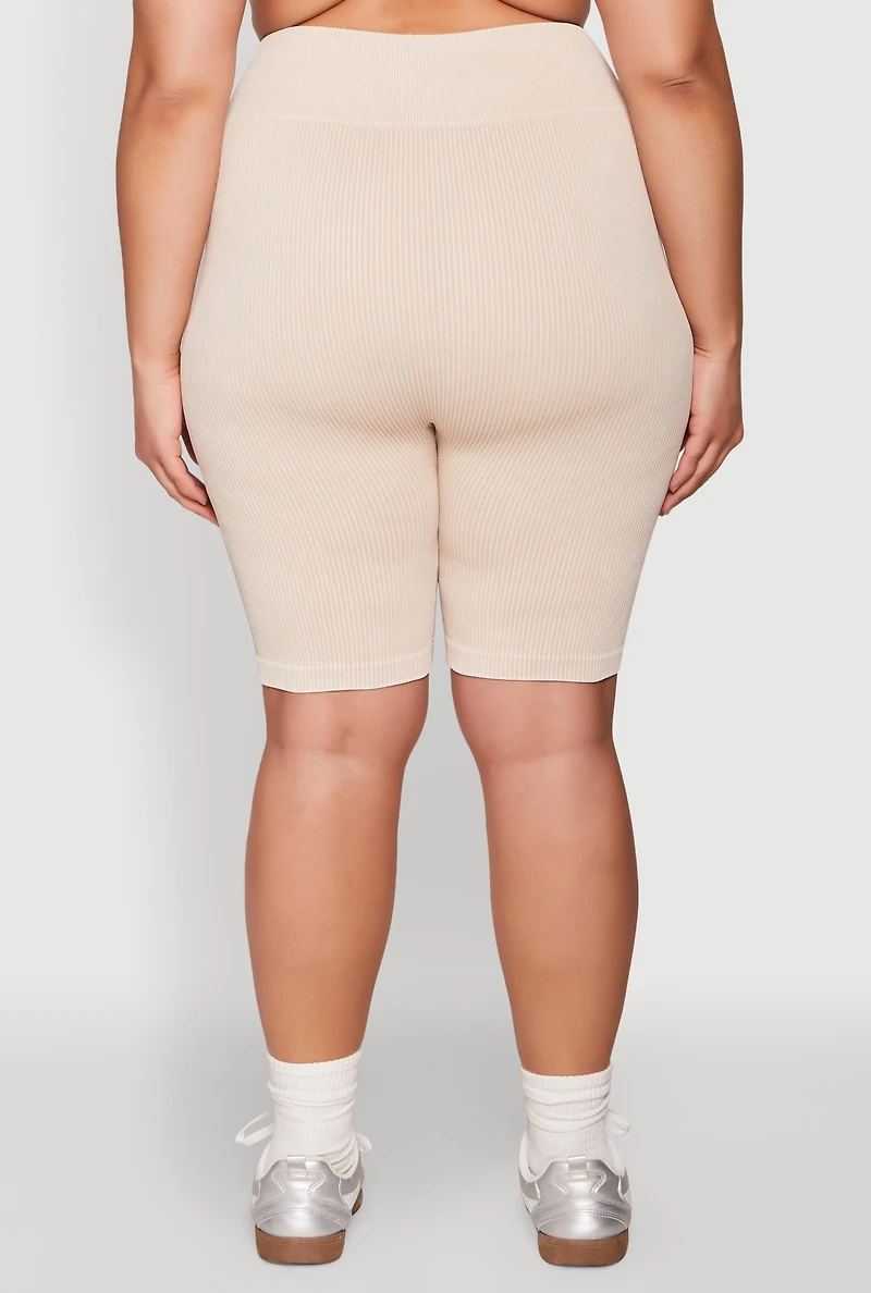 Womens Plus Size Mineral Wash Ribbed Seamless Bike Shorts, Khaki, Size 1X-2X