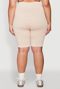 Womens Plus Size Mineral Wash Ribbed Seamless Bike Shorts, Khaki, Size 1X-2X