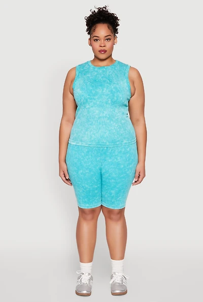 Womens Plus Size Mineral Wash Ribbed Seamless Bike Shorts, Blue, Size 1X-2X