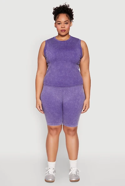 Womens Plus Size Mineral Wash Ribbed Seamless Bike Shorts, Purple, Size 1X-2X