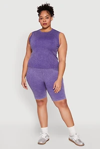 Womens Plus Size Mineral Wash Ribbed Seamless Bike Shorts, Purple, Size 1X-2X