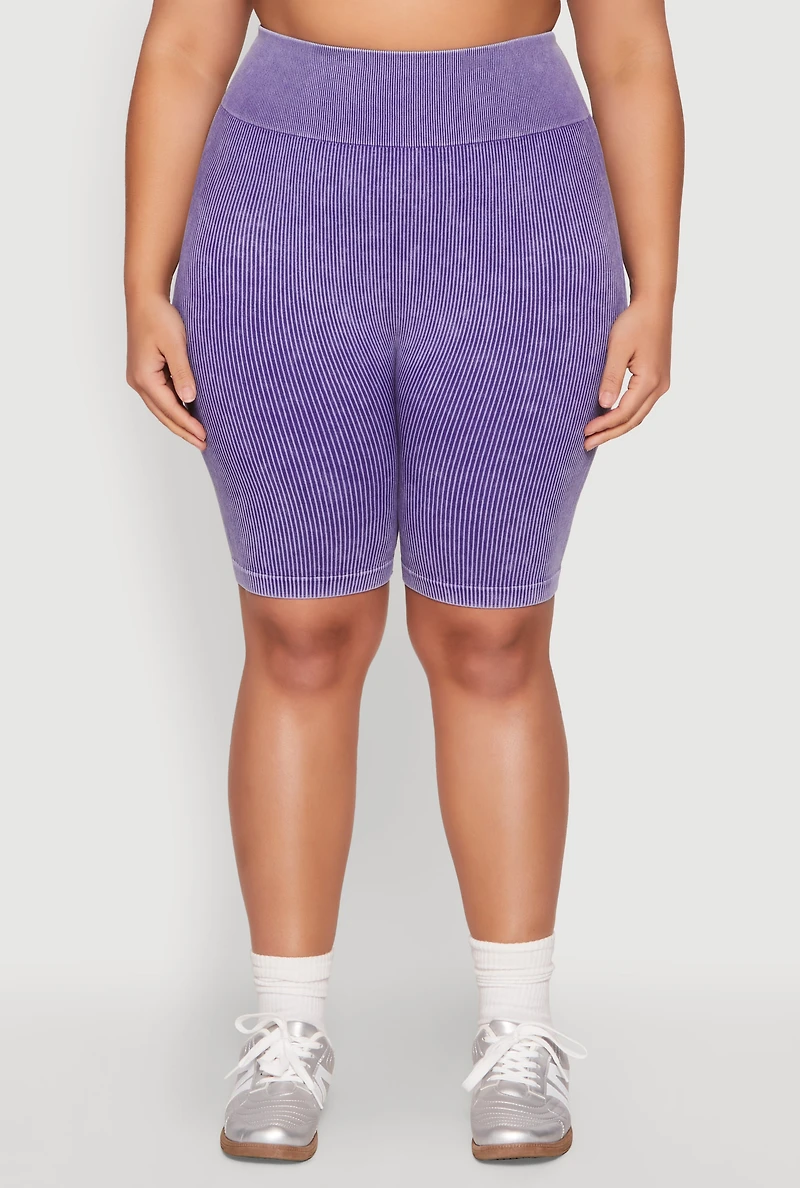 Womens Plus Size Mineral Wash Ribbed Seamless Bike Shorts, Purple, Size 1X-2X