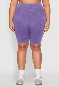 Womens Plus Size Mineral Wash Ribbed Seamless Bike Shorts, Purple, Size 1X-2X