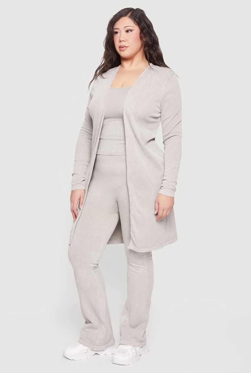 Plus Acid Wash Rib Knit Tank Top and Open Front Duster