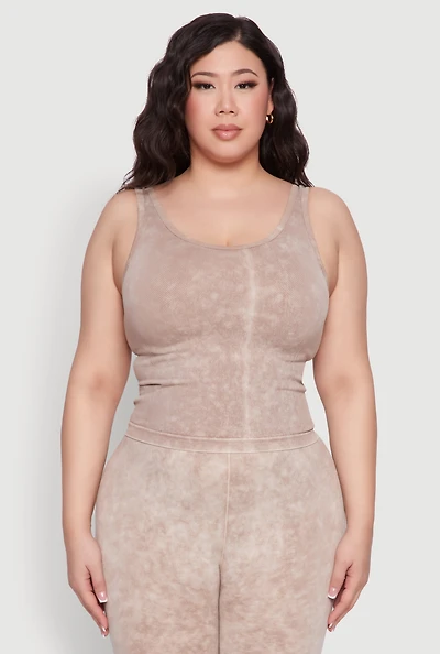 Womens Plus Size Seamless Mineral Wash Tank Top, Beige, Size 1X-2X