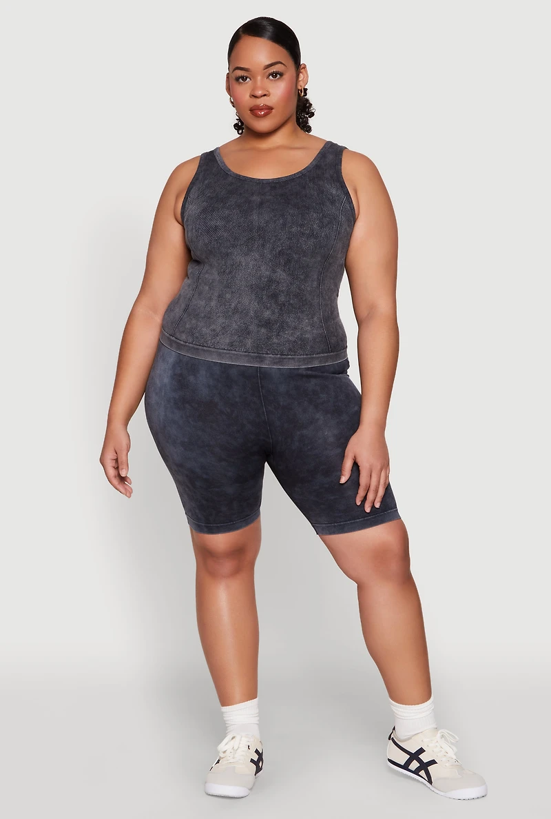Womens Plus Size Mineral Wash Seamless Biker Shorts, Grey, Size 1X-2X