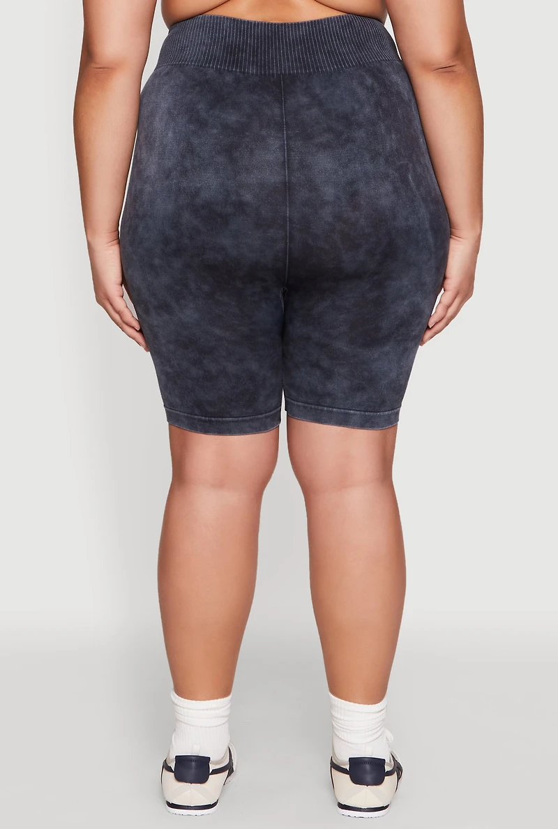 Womens Plus Size Mineral Wash Seamless Biker Shorts, Grey, Size 1X-2X