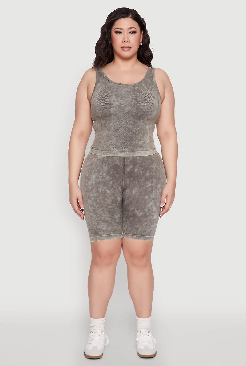 Womens Plus Size Mineral Wash Seamless Biker Shorts, Green, Size 2X-3X