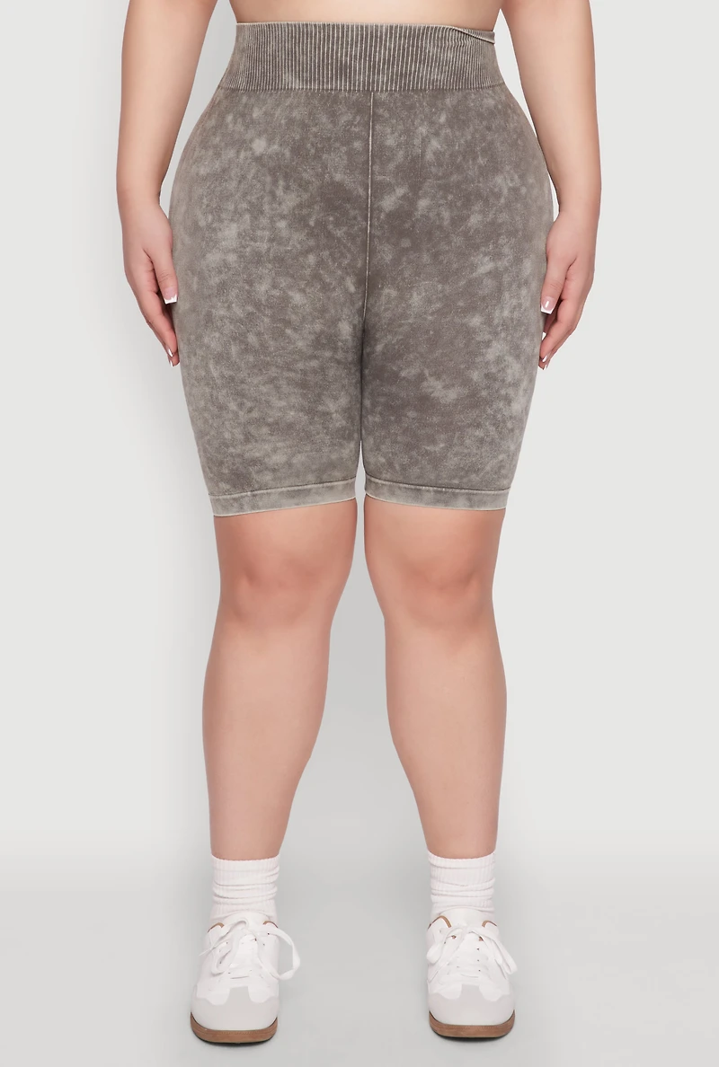 Womens Plus Size Mineral Wash Seamless Biker Shorts, Green, Size 2X-3X