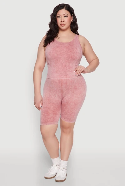 Womens Plus Size Mineral Wash Seamless Biker Shorts, Burgundy, Size 2X-3X