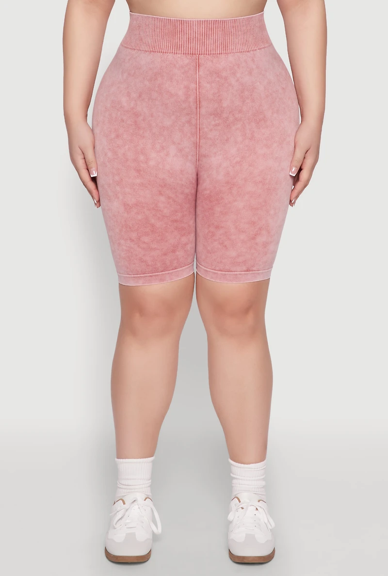 Womens Plus Size Mineral Wash Seamless Biker Shorts, Burgundy, Size 2X-3X