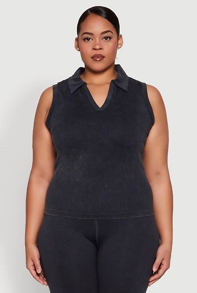 Womens Plus Mineral Wash Ribbed Knit Johnny Collar Top,