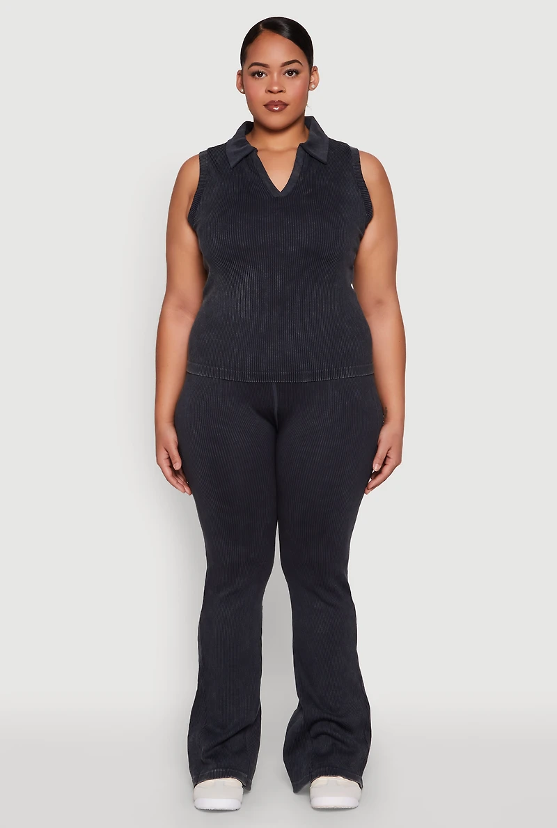 Womens Plus Mineral Wash Ribbed Knit Johnny Collar Top,