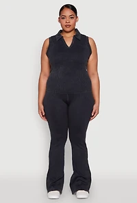 Womens Plus Mineral Wash Ribbed Knit Johnny Collar Top,