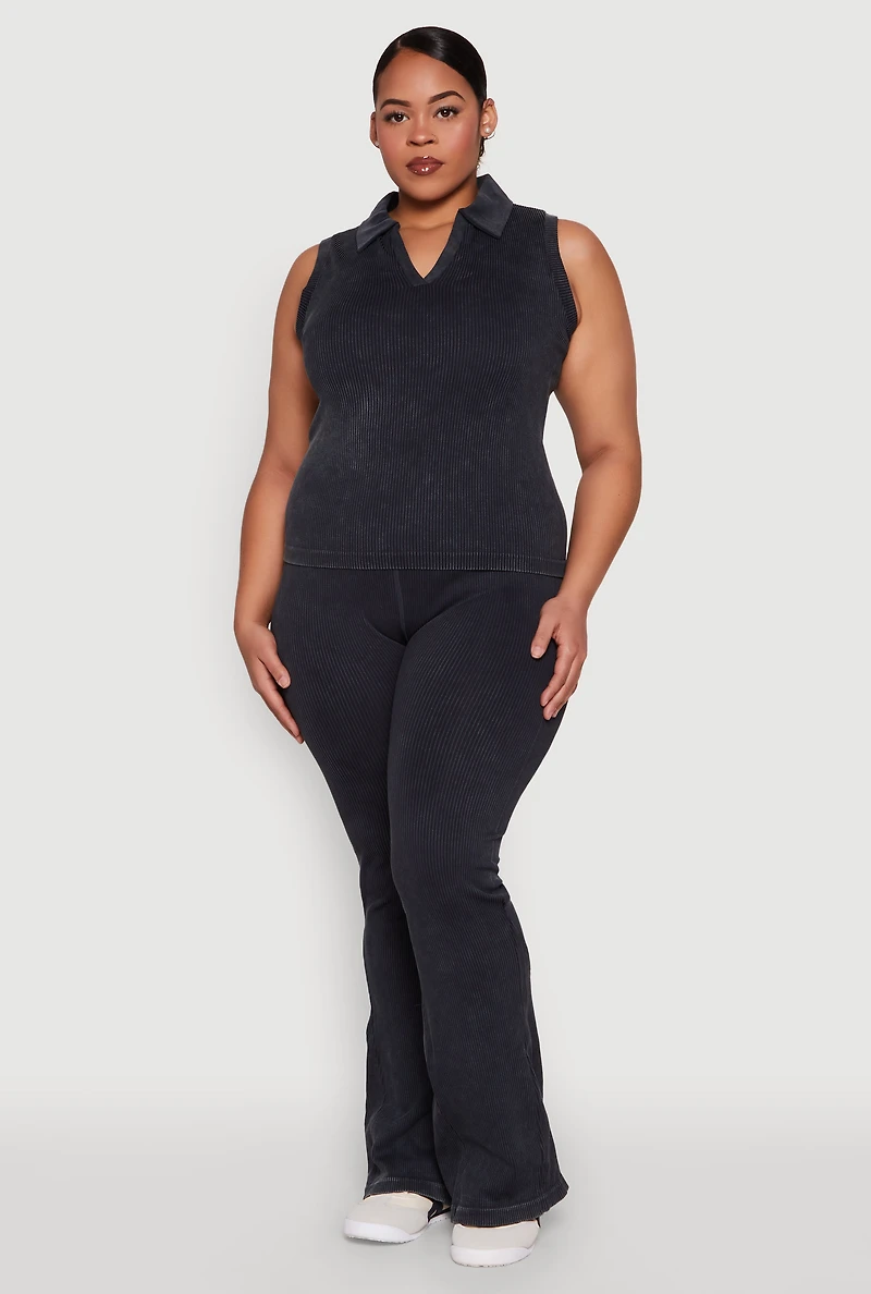 Plus Mineral Wash Ribbed Knit Johnny Collar Top