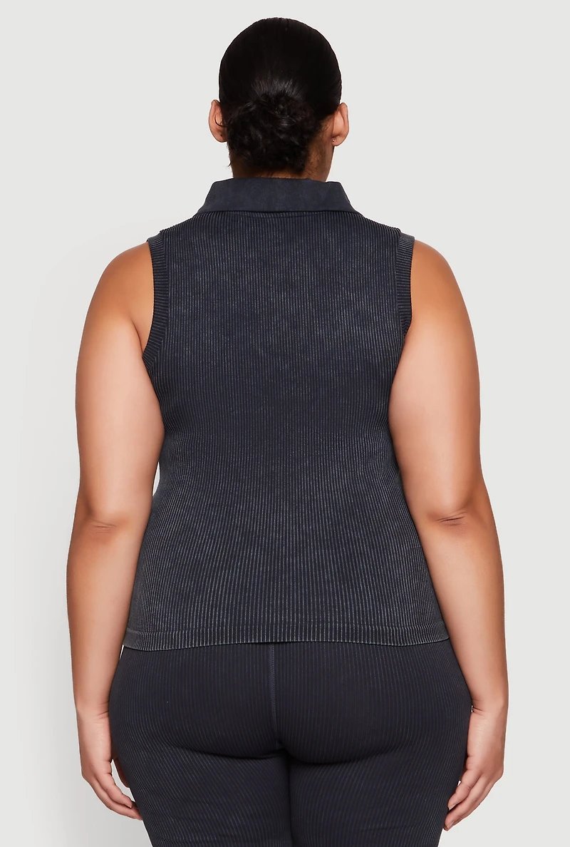Womens Plus Mineral Wash Ribbed Knit Johnny Collar Top,