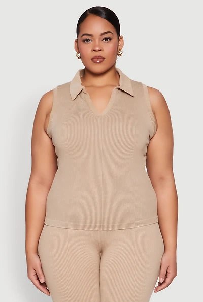 Womens Plus Mineral Wash Ribbed Knit Johnny Collar Top,