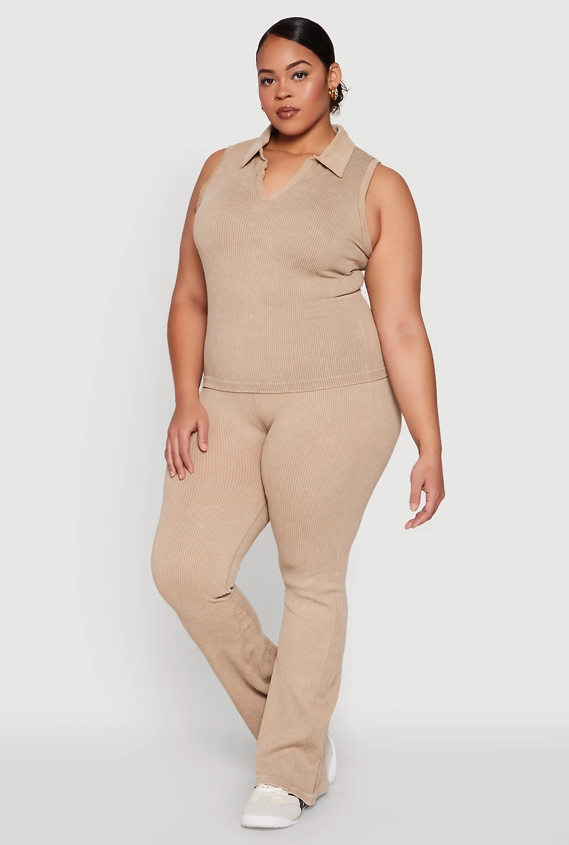 Womens Plus Mineral Wash Ribbed Knit Johnny Collar Top,