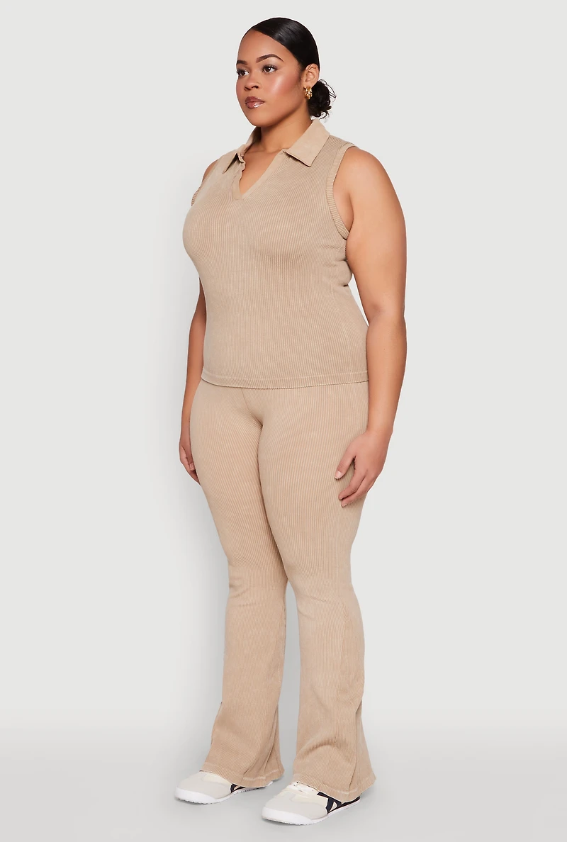 Womens Plus Mineral Wash Ribbed Knit Johnny Collar Top,