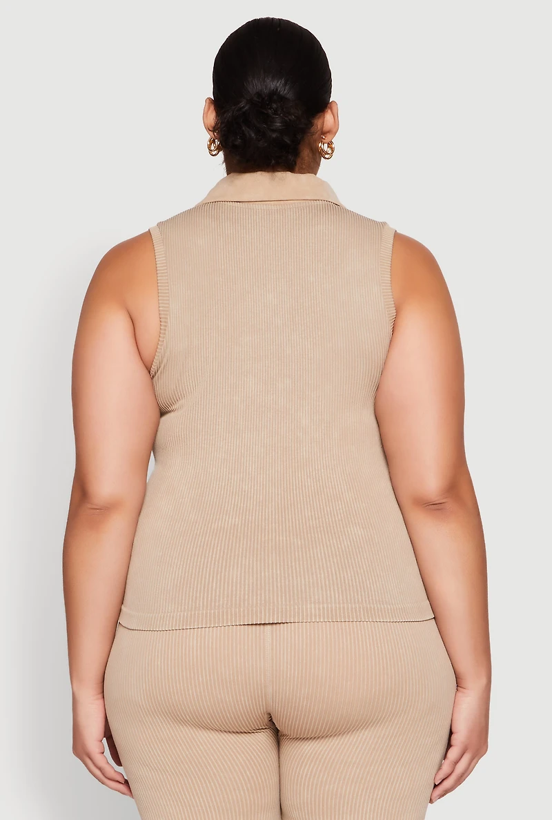 Womens Plus Mineral Wash Ribbed Knit Johnny Collar Top,