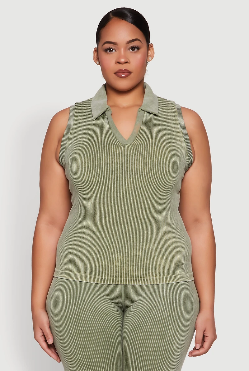 Womens Plus Mineral Wash Ribbed Knit Johnny Collar Top, 2X-3X
