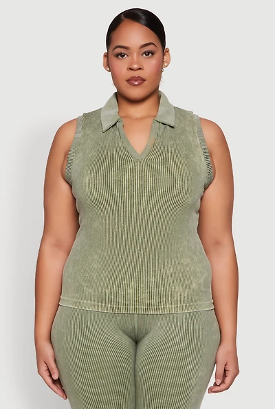 Womens Plus Mineral Wash Ribbed Knit Johnny Collar Top, 2X-3X