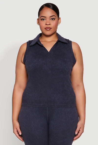 Womens Plus Mineral Wash Ribbed Knit Johnny Collar Top, 1X-2X