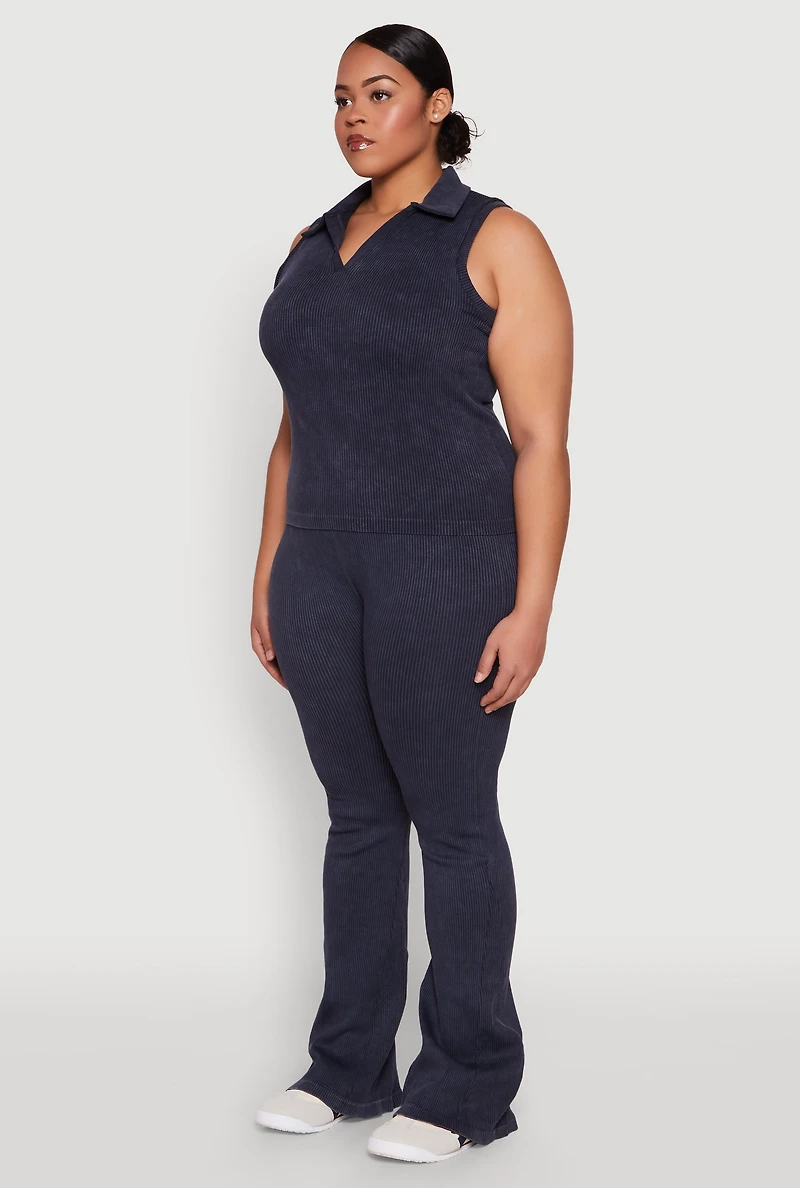 Womens Plus Size Mineral Wash Ribbed Knit Johnny Collar Top, Blue, Size 1X-2X