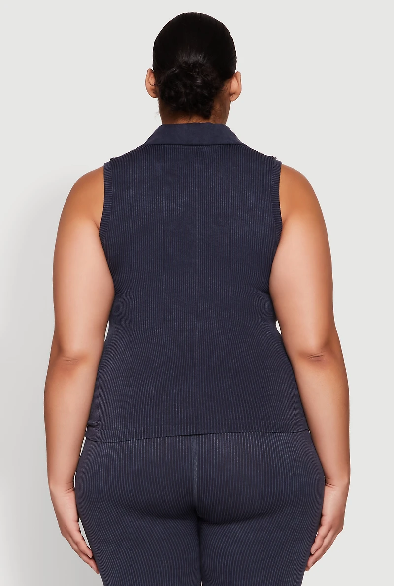 Womens Plus Size Mineral Wash Ribbed Knit Johnny Collar Top, Blue, Size 1X-2X